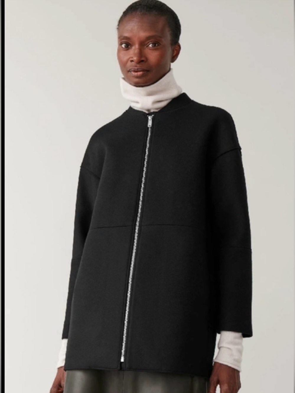 COS Black 100% Wool Zip-Front Sleek Minimalist Coat Size 10